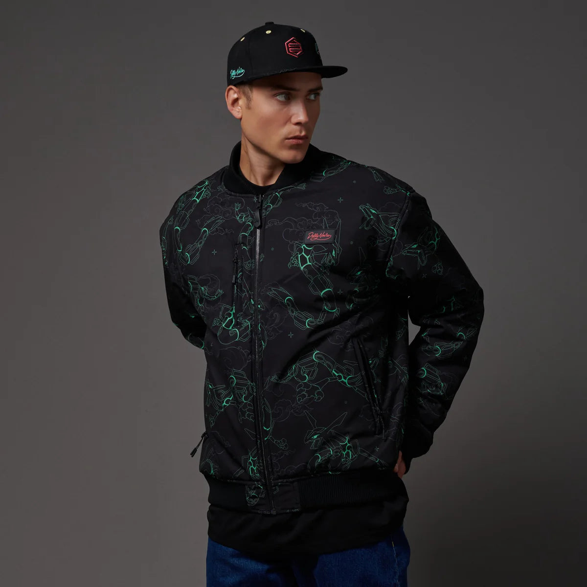 DOLLY NOIRE POKEMON RAYQUAZA PATTERN BOMBER BLACK