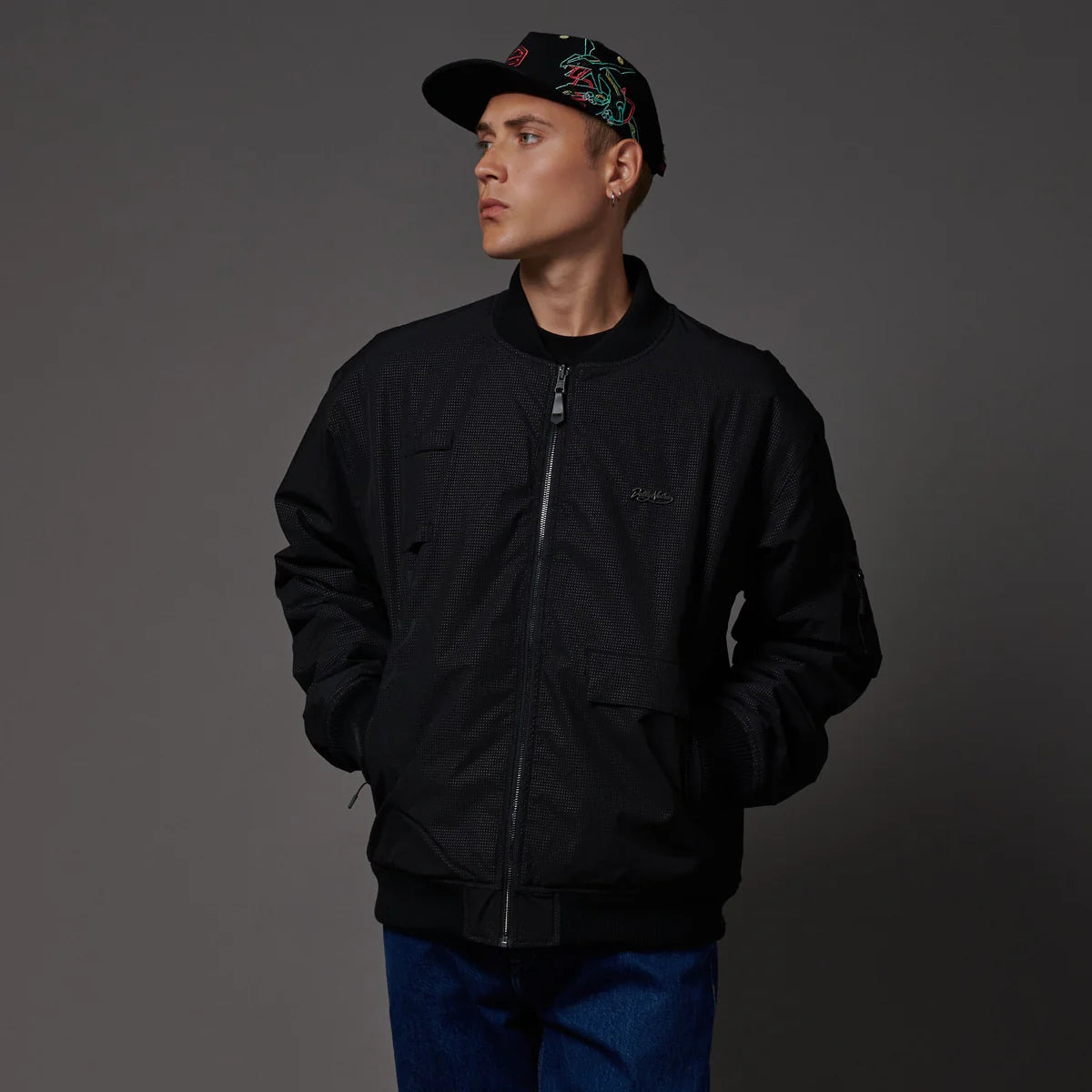 DOLLY NOIRE POKEMON RAYQUAZA PATTERN BOMBER BLACK