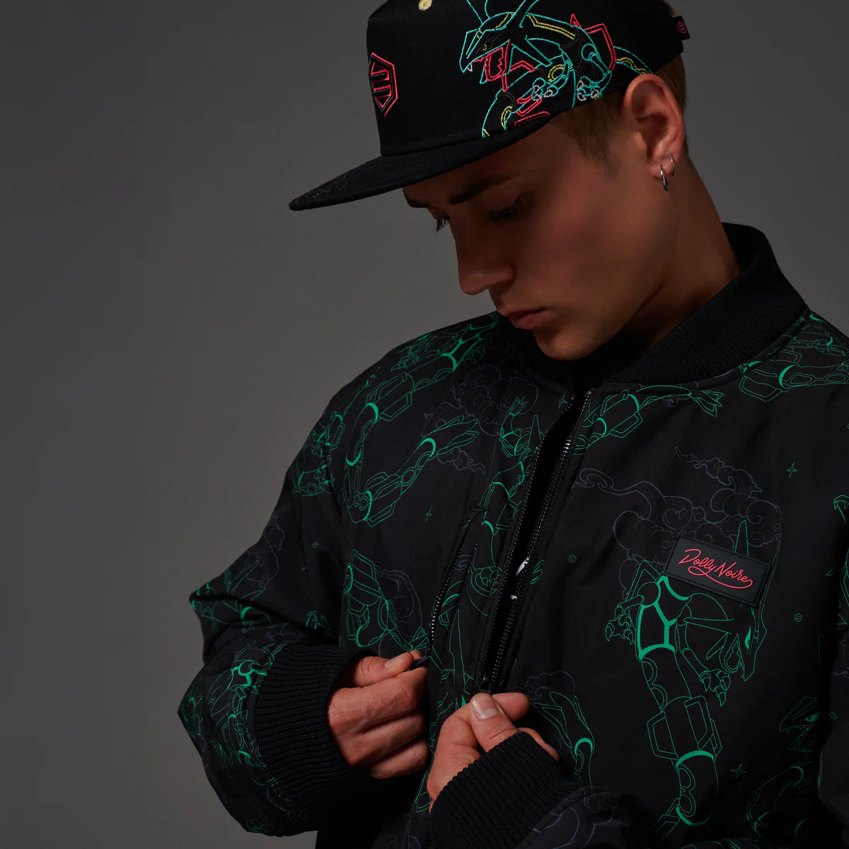 DOLLY NOIRE POKEMON RAYQUAZA PATTERN BOMBER BLACK
